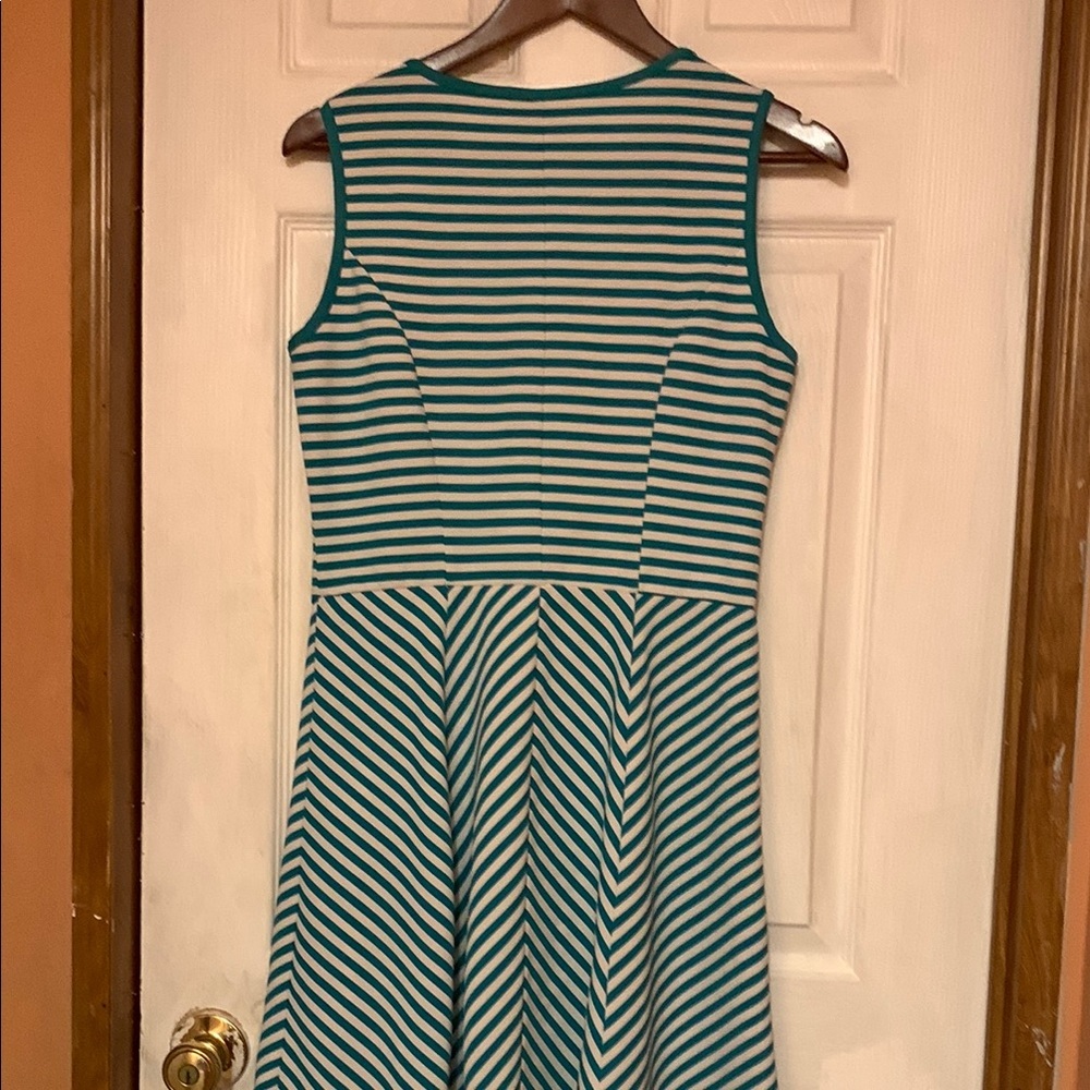 NY & Company Teal White Striped Fit Flare Dress M Summer Work - Picture 3 of 12